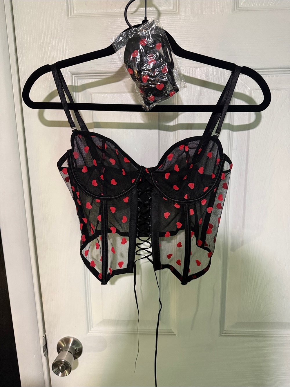 NEVER WORN Sheer Black Bustier with Red Hearts with Matching Thong